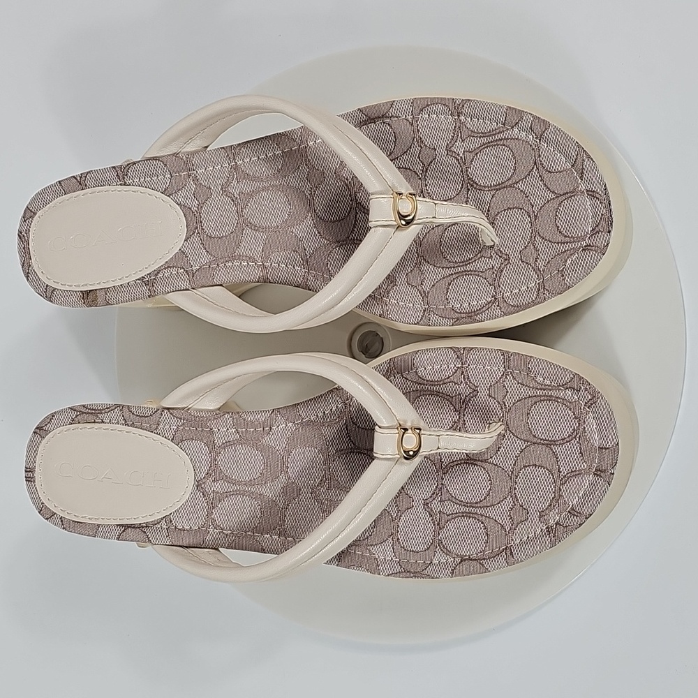 NIB Coach Franki Leather Jacquard Flip Flop Wedge Platform Sandals 10B Cream - Picture 4 of 16